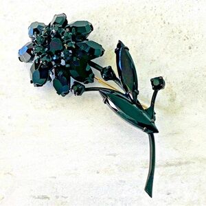 Vintage French Jet Black Dahlia Flower Brooch Pin Japanned Metal Rhinestones 3in